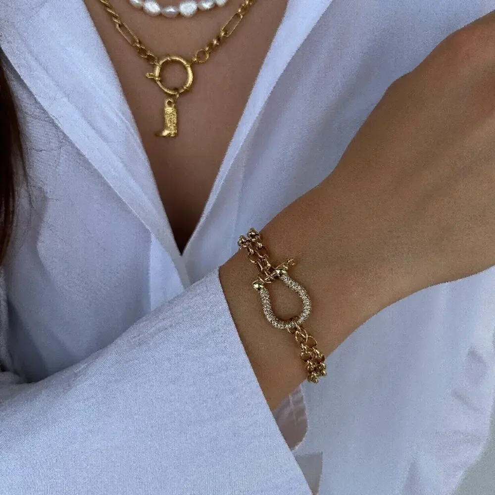 Gold Zircon Horseshoe Chain Link Bracelet Horse Lovers Gift